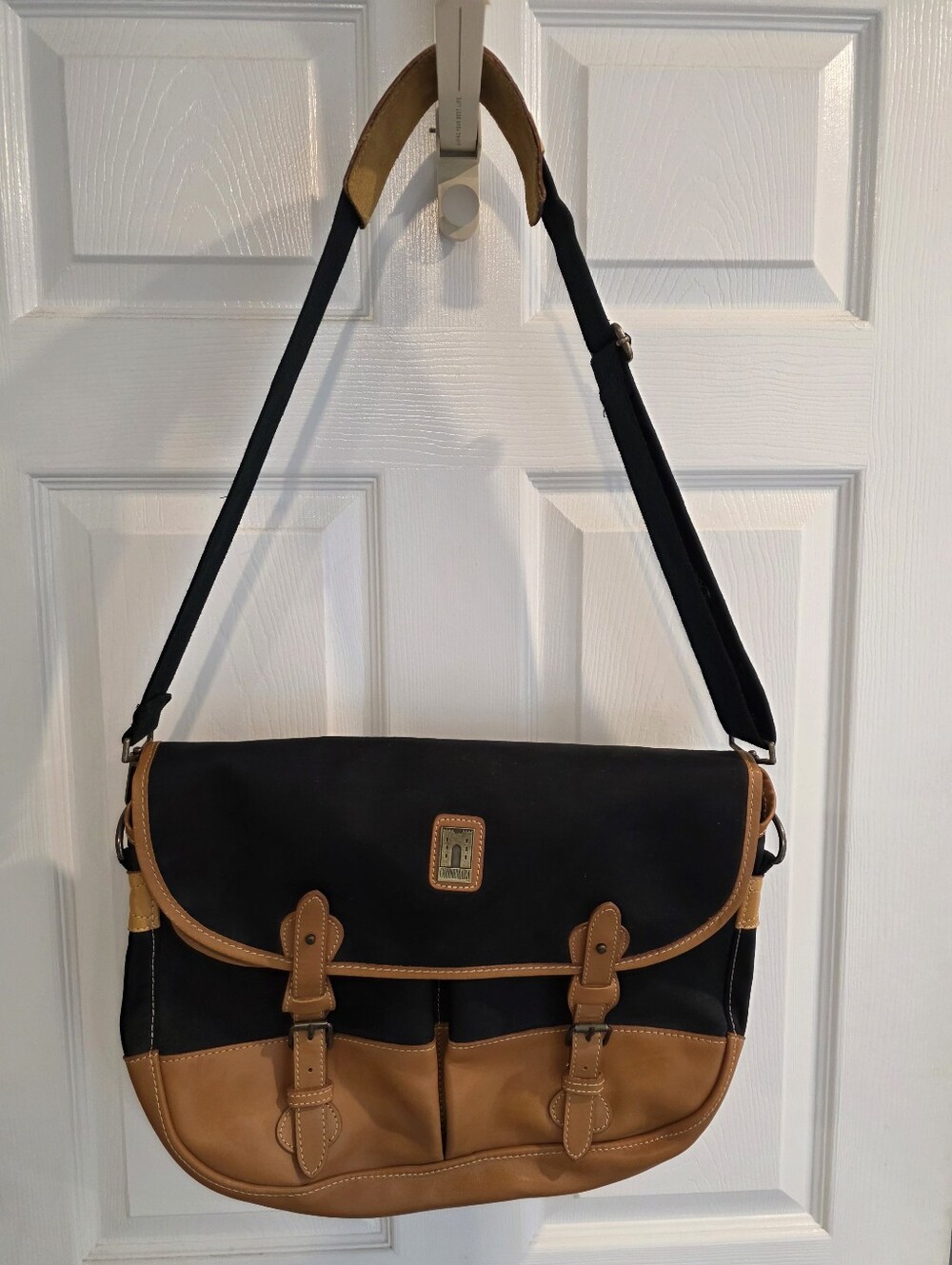 Connemara Messenger Bag Black Canvas Tan Leather Made In Ireland